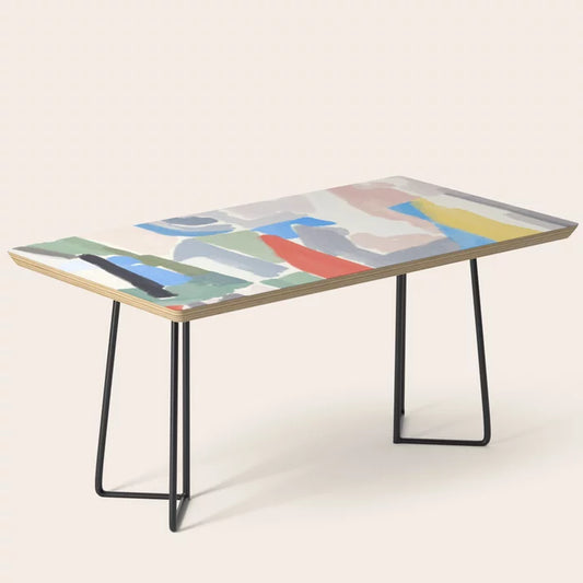 Mid Century Modern Geometric 04 Blue Coffee Table by The Old Art Studio with black steel legs – modern art-inspired furniture perfect for restaurant lounges, boutique hotels, and café interiors