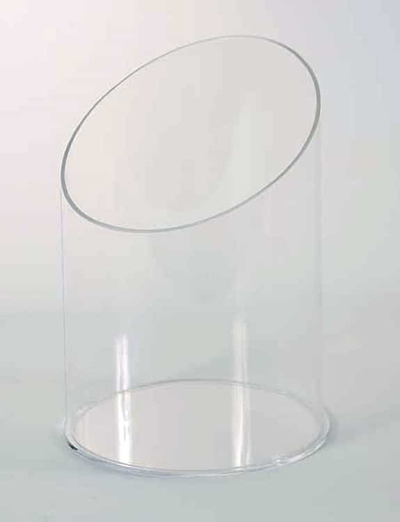 Large angle-cut open top acrylic food canister measuring 12 by 8 by 8 inches, designed for showcasing packaged food items and candy.