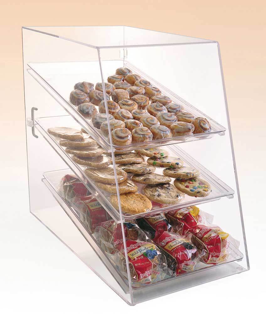 Front view of the three-tray angled front display cabinet showing the slanted clear acrylic design and interior trays for product presentation.