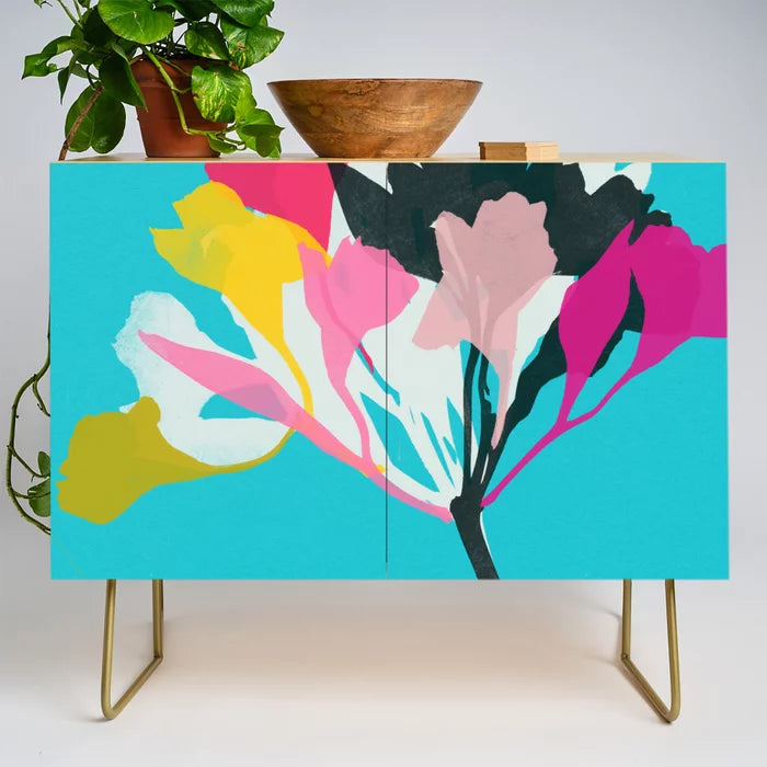 Alstroemeria 1 Condiment Bar by Garima Dhawan with gold steel legs – colorful floral artwork on birch ideal for restaurant service stations, boutique hotels, and modern cafés