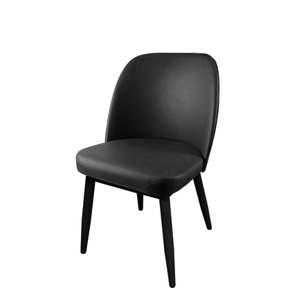 Amata restaurant chair with black faux wood metal frame and black commercial vinyl seat – indoor dining furniture for restaurants and cafés.