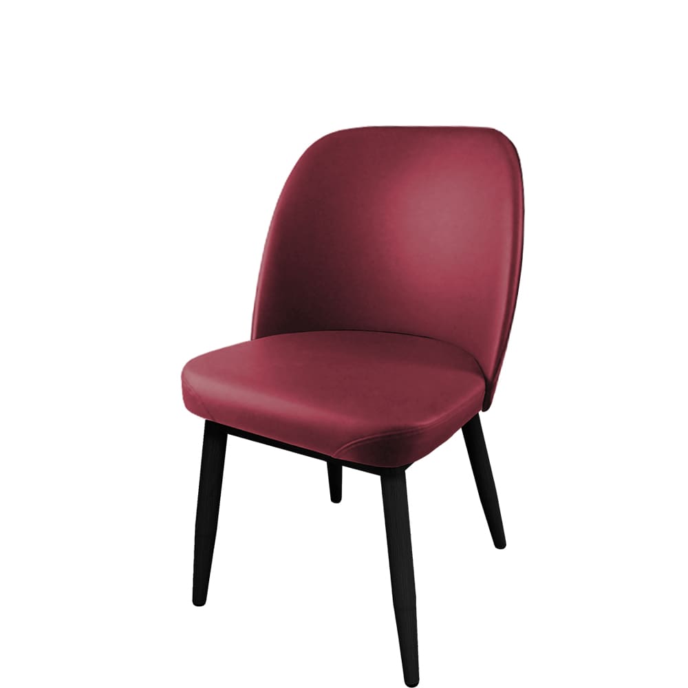 Amata commercial restaurant chair with black faux woodgrain metal frame and wine-colored vinyl seat, perfect for fine dining or bistro environments.