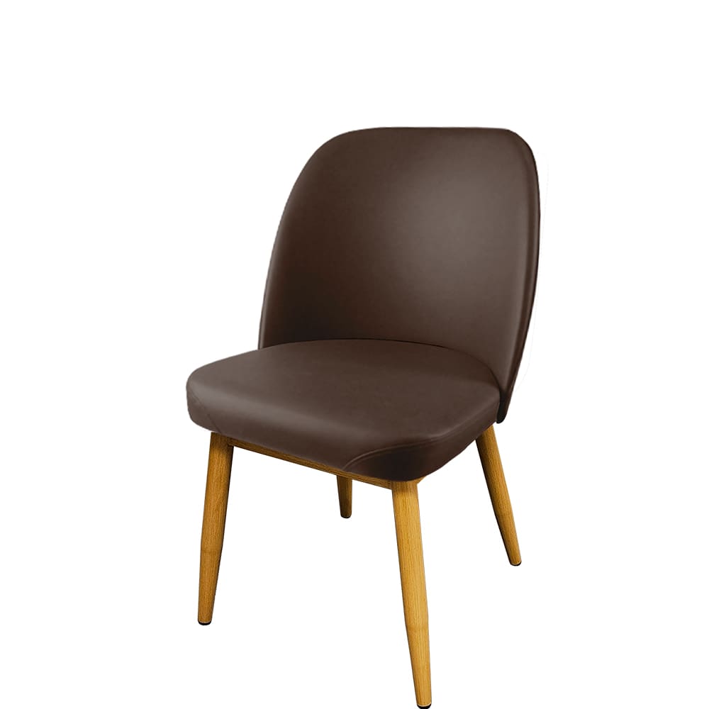 Amata commercial restaurant chair in espresso vinyl upholstery with a natural clear coat metal frame – modern, comfortable seating for high-traffic dining areas.