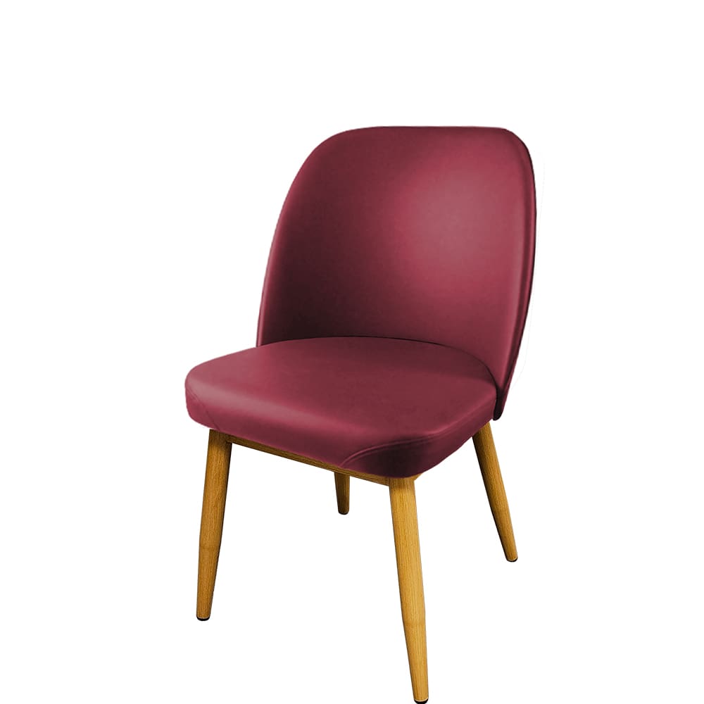 Amata restaurant chair with natural clear coat woodgrain-style frame and wine-colored vinyl bucket seat – durable, upscale seating for restaurants and cafés.