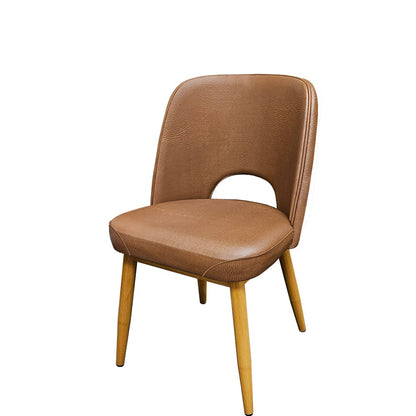 Amata restaurant dining chair featuring a natural clear coat frame and buckskin vinyl seat – ideal for hospitality and commercial dining environments.