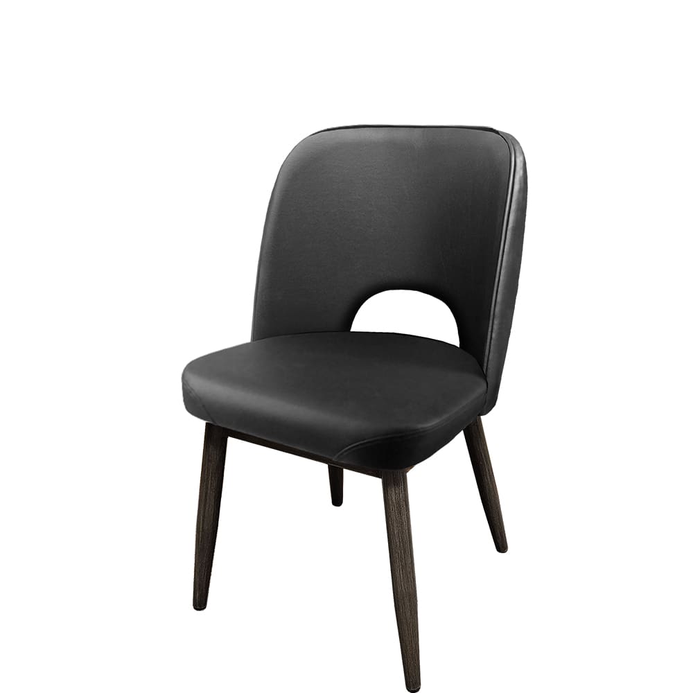 Amata restaurant chair with faux driftwood metal frame and black vinyl cutout seat – commercial-grade indoor seating for restaurants and bars.