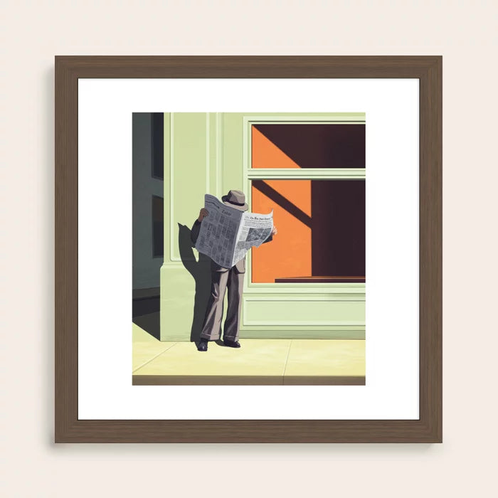 Anonymous Reader art print in walnut frame displayed in bar or lounge setting
