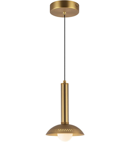 Arden textured LED pendant in a gold finish, showing the ribbed metal upper shade and opal glass lower globe designed for contemporary bar and restaurant lighting.