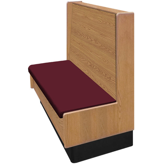 Side-angle view of wood frame dining booth featuring wood seat, vinyl-upholstered back, customizable wood stains, and durable engineered wood ends for commercial use.