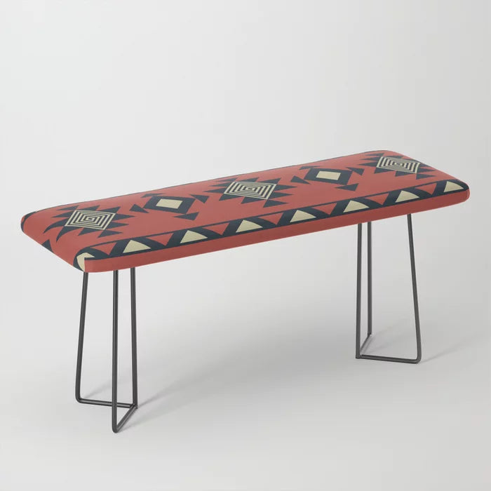 Aztec Pattern Bench by Anastasia with black steel legs – boho-inspired vegan leather seating perfect for restaurant lounges, boutique hotels, and modern café interiors