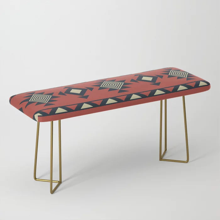 Aztec Pattern Bench by Anastasia with gold steel legs – elegant Aztec-inspired bench ideal for hotel lobbies, bar spaces, and stylish café settings