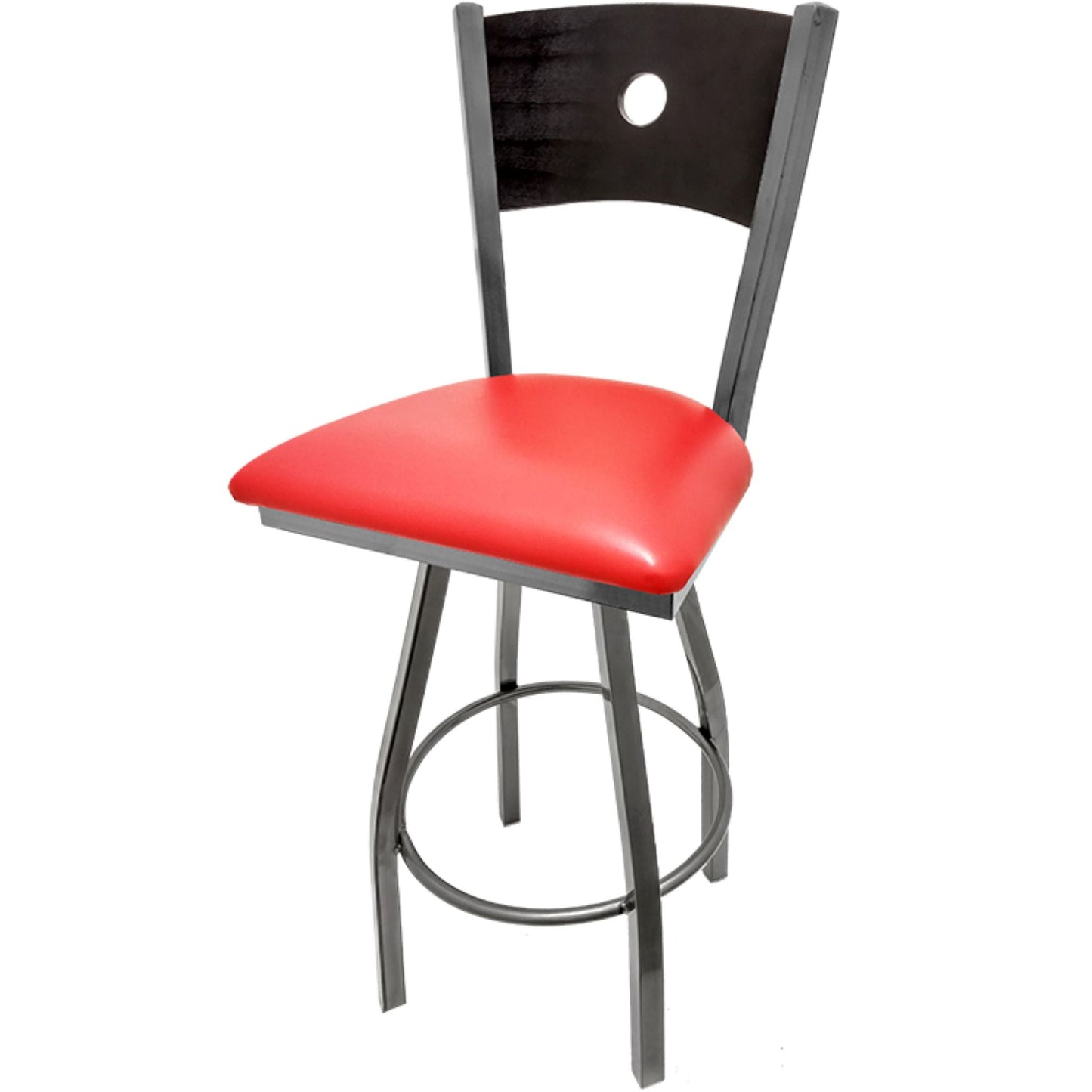 Bullseye wood back barstool with clear coat swivel frame, black back and red vinyl seat