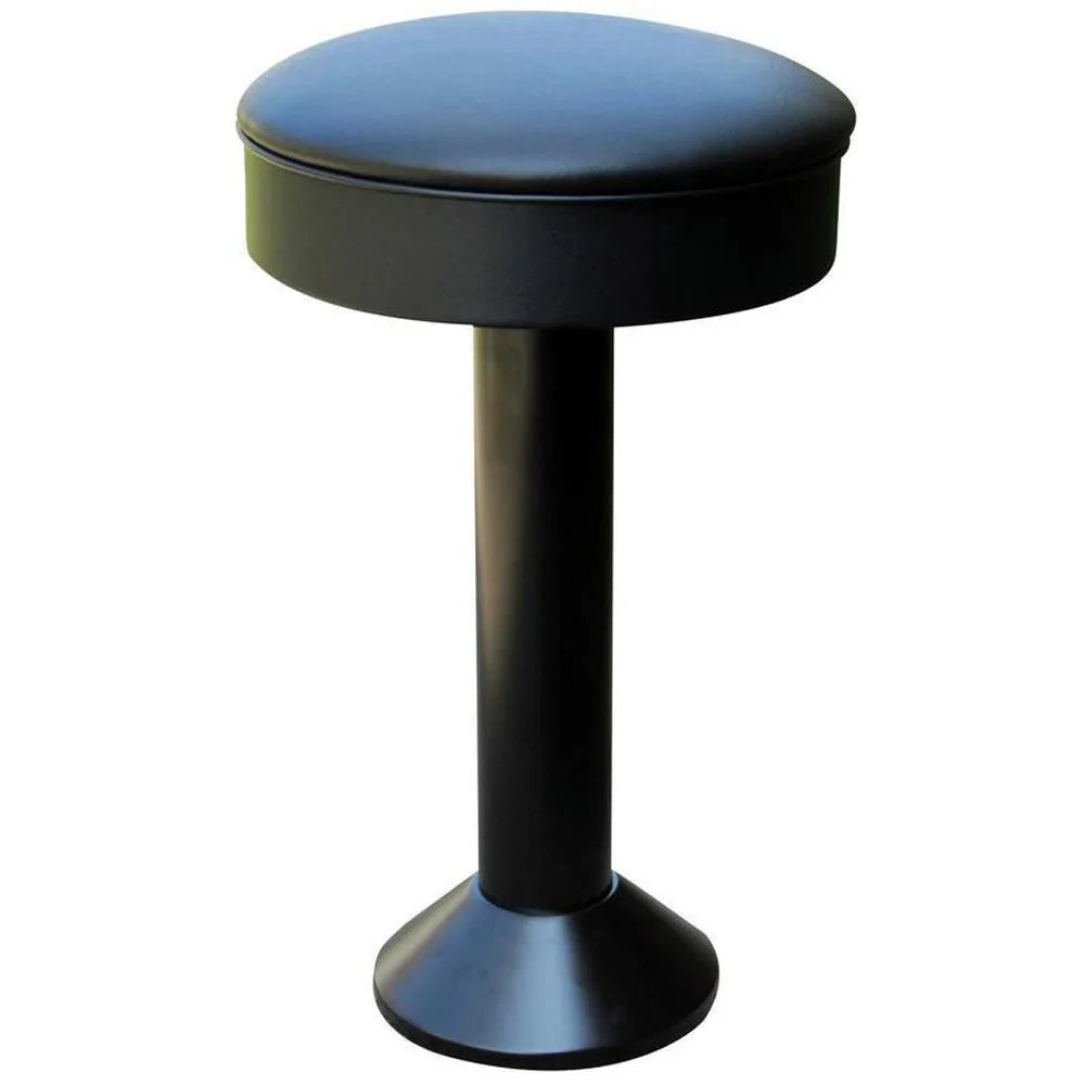 Front view of backless floor-mounted bar stool with black column and padded vinyl swivel seat for restaurant or bar seating.