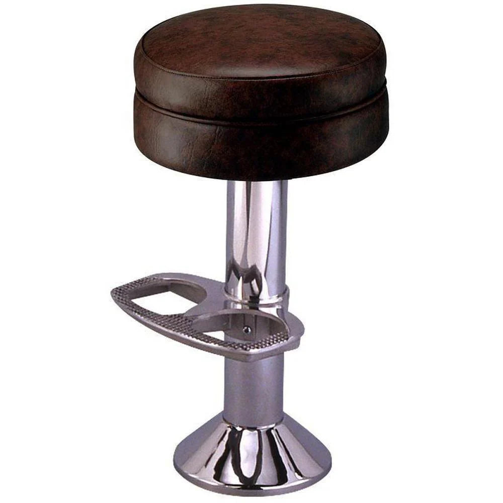 Front view of backless floor-mounted bar stool with chrome column and padded swivel seat, designed for commercial dining use.