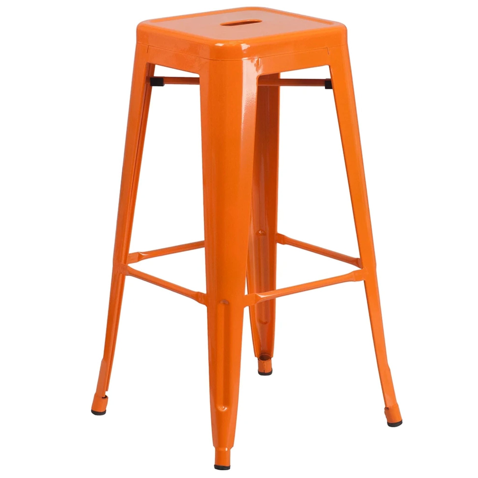 30-inch backless metal bar stool in orange with footrest and drain hole seat