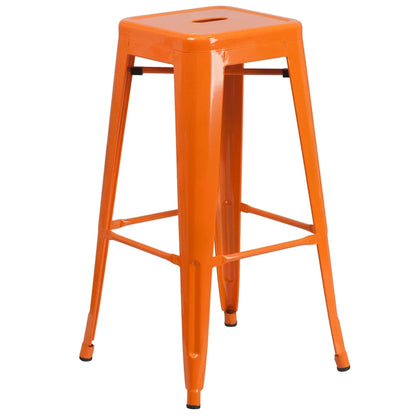 30-inch backless metal bar stool in orange with footrest and drain hole seat