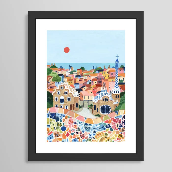 Barcelona art print in black frame, modern wall décor for restaurants, boutique hotels, and cafés
