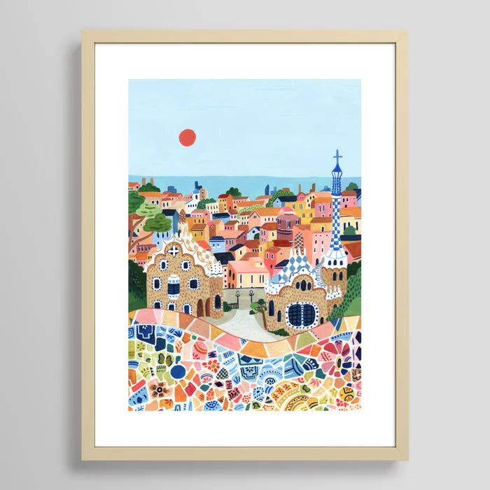 Barcelona art print with maple frame, warm natural décor for coastal restaurants, wine bars, and cafés