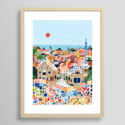 Barcelona art print with maple frame, warm natural décor for coastal restaurants, wine bars, and cafés