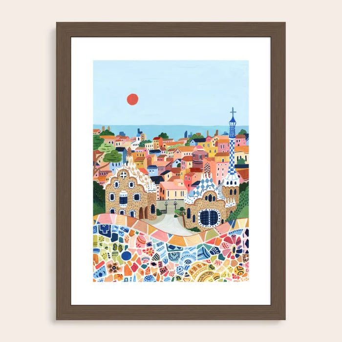 Barcelona art print framed in walnut, upscale wall art for bars, hotels, and dining spaces