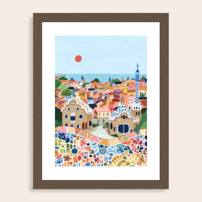 Barcelona art print framed in walnut, upscale wall art for bars, hotels, and dining spaces