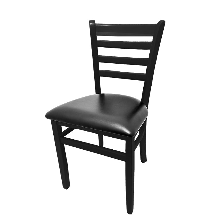 Beech wood side chair with black stain frame and black vinyl seat. Constructed from solid European beech wood with non-marring glides and reinforced leg supports. Ships partially assembled.