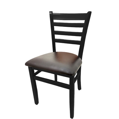 Beech wood side chair with black stained beech wood frame and espresso vinyl seat. Designed for indoor restaurant and dining room use.