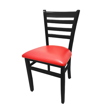 Beech wood side chair with black stained frame and red vinyl seat. Comfortable upholstered seat and durable solid wood frame for commercial interiors.