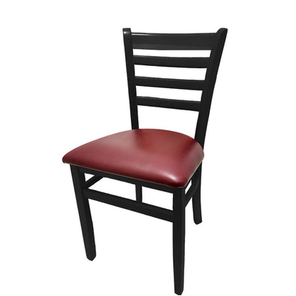 Beech wood side chair with black stained frame and wine-colored vinyl seat. Made from solid European beech wood with reinforced leg supports.