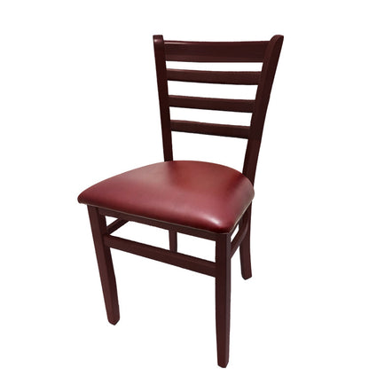 Beech wood side chair with mahogany stained frame and wine-colored vinyl seat. Durable seating for restaurants, cafés, and indoor use.