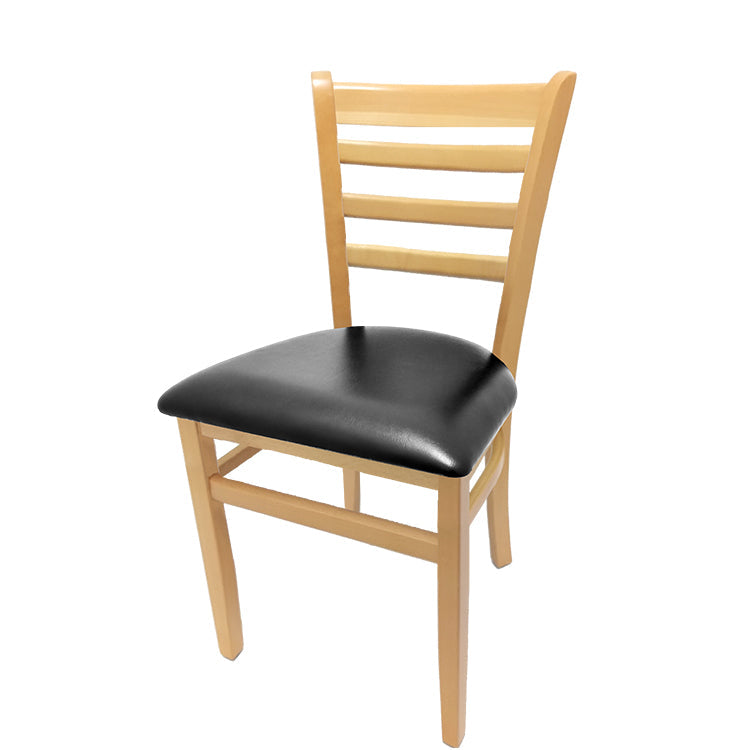 Beech wood side chair with natural clear coat frame and black vinyl seat. Constructed from solid European beech wood with smooth finish, leg supports, and non-marring glides. Ships partially assembled.