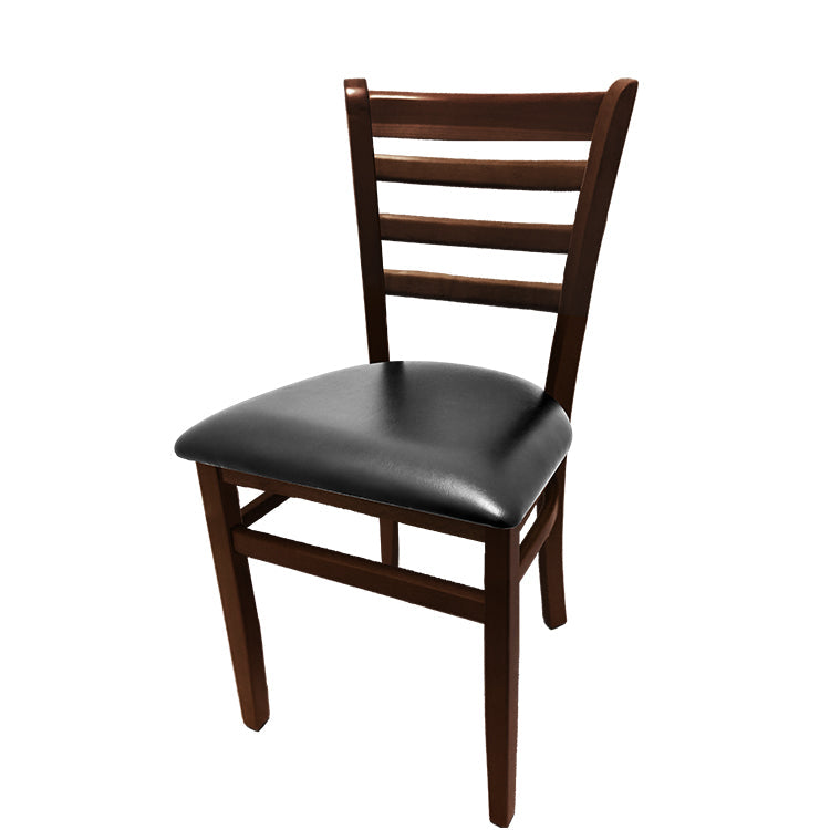 Beech wood side chair with walnut stain frame and black vinyl seat. Made from solid European beech wood with durable leg supports and non-marring glides. Ships partially assembled.