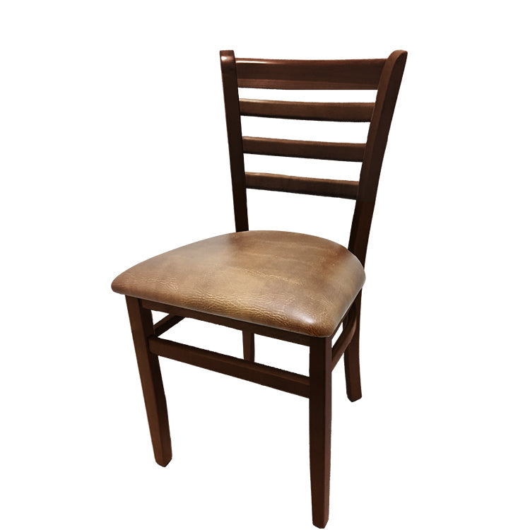 Beech wood side chair with walnut stained frame and buckskin vinyl seat. Durable European beech construction and floor-safe poly glides.

Espresso Vinyl Seat