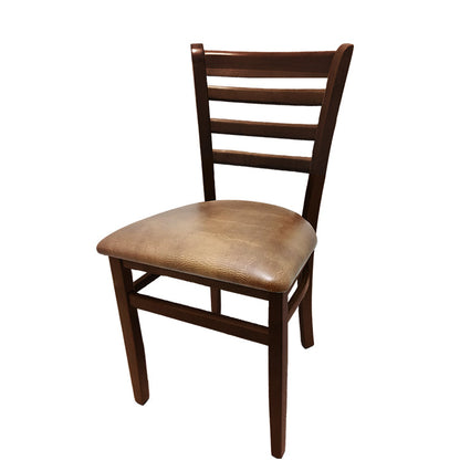 Beech wood side chair with walnut stained frame and buckskin vinyl seat. Durable European beech construction and floor-safe poly glides.

Espresso Vinyl Seat