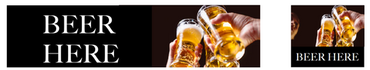 Vinyl banner reading “Beer Here” with bold, high-resolution graphics, printed on durable PVC material for indoor or outdoor bar and restaurant promotion.