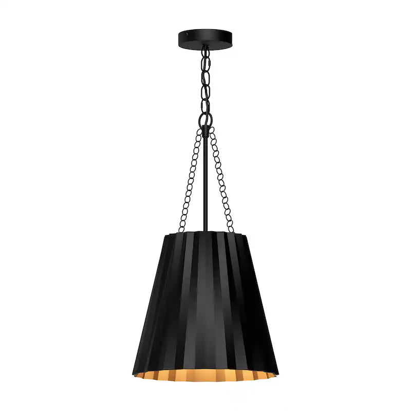 Plissé 12-inch pendant light in a black pleated metal shade, inspired by Parisian design and ideal for modern bars and restaurants.