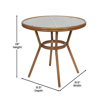 Black and white PE rattan bistro dining set with glass top table and stackable chairs for cafés and patios with dimensions