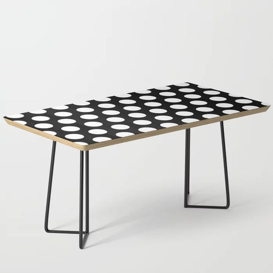 Black and White Polka Dots 772 Coffee Table by Tony Magner with black steel legs – retro mid-century modern table perfect for restaurant lounges, boutique hotels, and café interiors