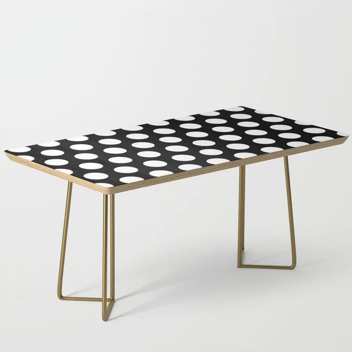 Black and White Polka Dots 772 Coffee Table by Tony Magner with gold steel legs – vintage-inspired geometric furniture ideal for hotel lobbies, bar seating areas, and stylish cafés