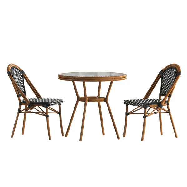 Black and white rattan indoor outdoor bistro table set with natural bamboo-look frame for restaurants and hotels