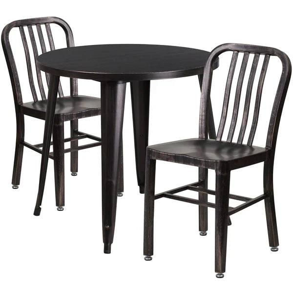 Black antique gold metal table set with vertical slat back chairs for restaurants