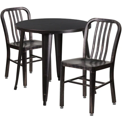 Black antique gold metal table set with vertical slat back chairs for restaurants