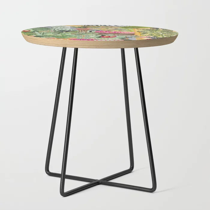 Black Cat in the Garden Side Table by asmkpn with black steel legs – watercolor-inspired furniture perfect for restaurant corners, boutique hotels, and cozy café interiors