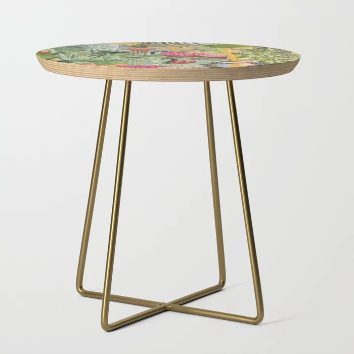 Black Cat in the Garden Side Table by asmkpn with gold steel legs – elegant handcrafted side table featuring whimsical watercolor art ideal for hotel lobbies, bars, and stylish cafés