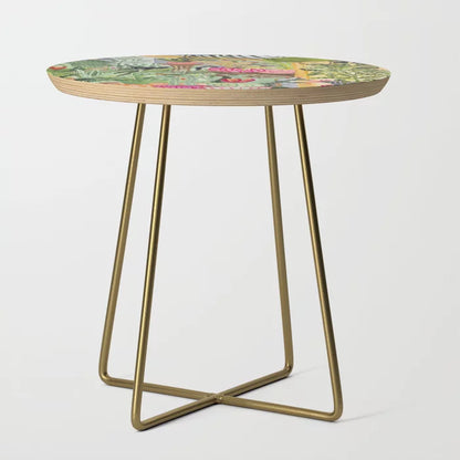 Black Cat in the Garden Side Table by asmkpn with gold steel legs – elegant handcrafted side table featuring whimsical watercolor art ideal for hotel lobbies, bars, and stylish cafés