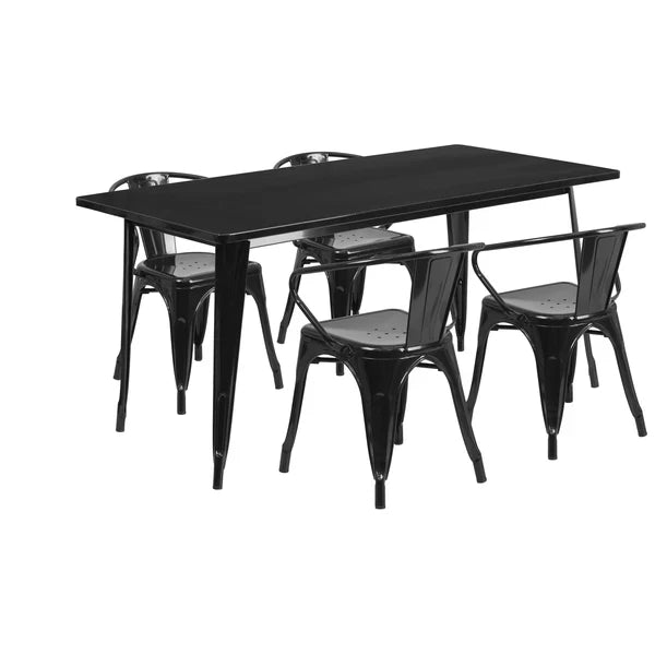 Black rectangular indoor outdoor restaurant table set with four arm chairs for hotels and cafés
