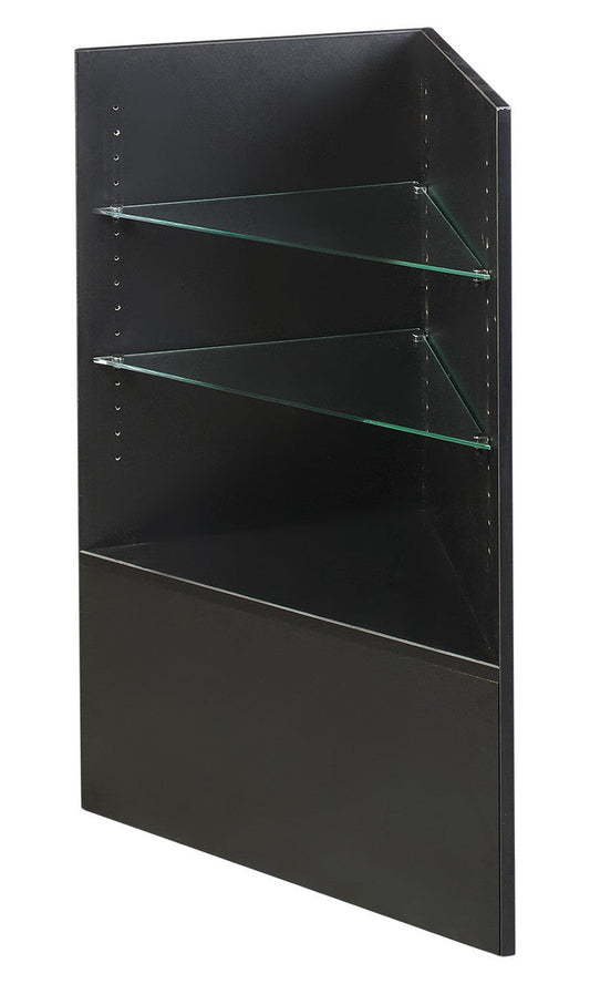 Black finish option showing a smooth painted surface on the Counter Corner Case with adjustable tempered-glass shelves used for retail product displays.