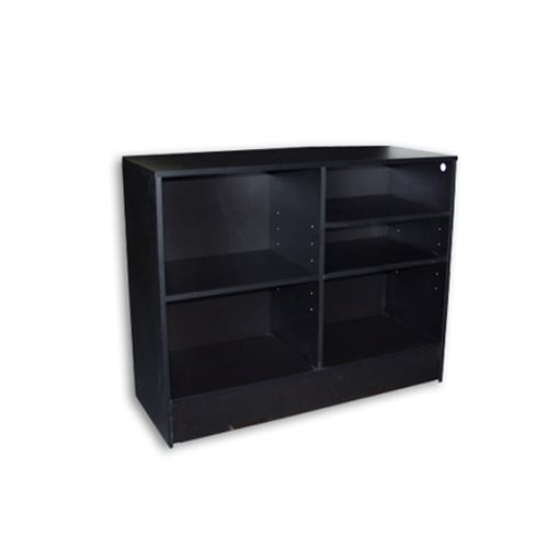 Rear view of the Flat Top Check Out Counter in a black finish, showing the open back storage compartments for organizing checkout essentials.