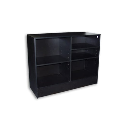 Rear view of the Flat Top Check Out Counter in a black finish, showing the open back storage compartments for organizing checkout essentials.