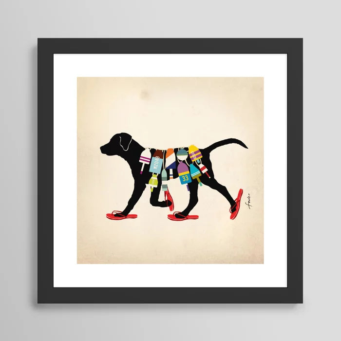 Black Labrador nautical art print in black frame, coastal wall décor for restaurants, bars, and beach hotels